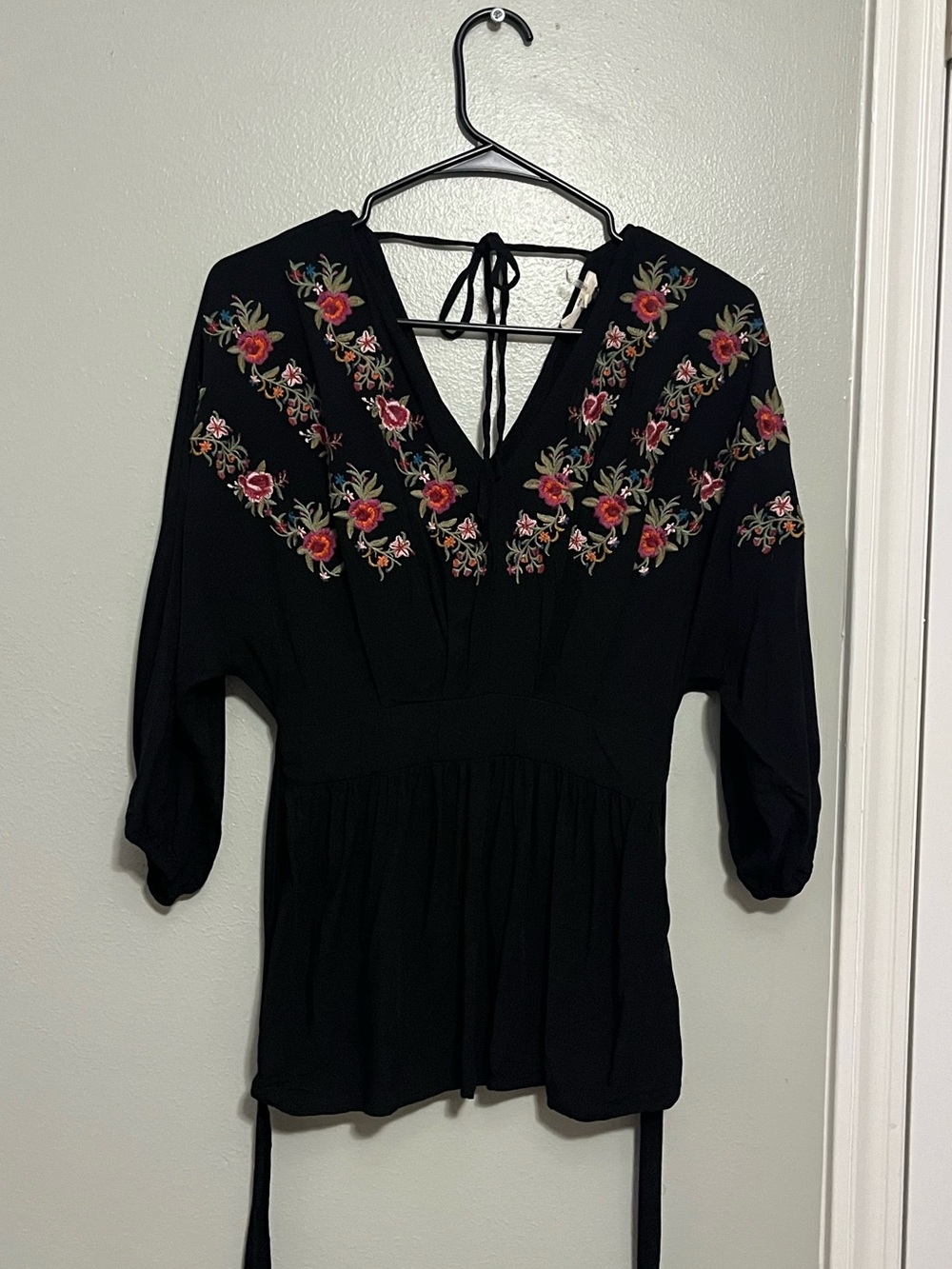 entro Black V-Neck Blouse with Rose Embroidery